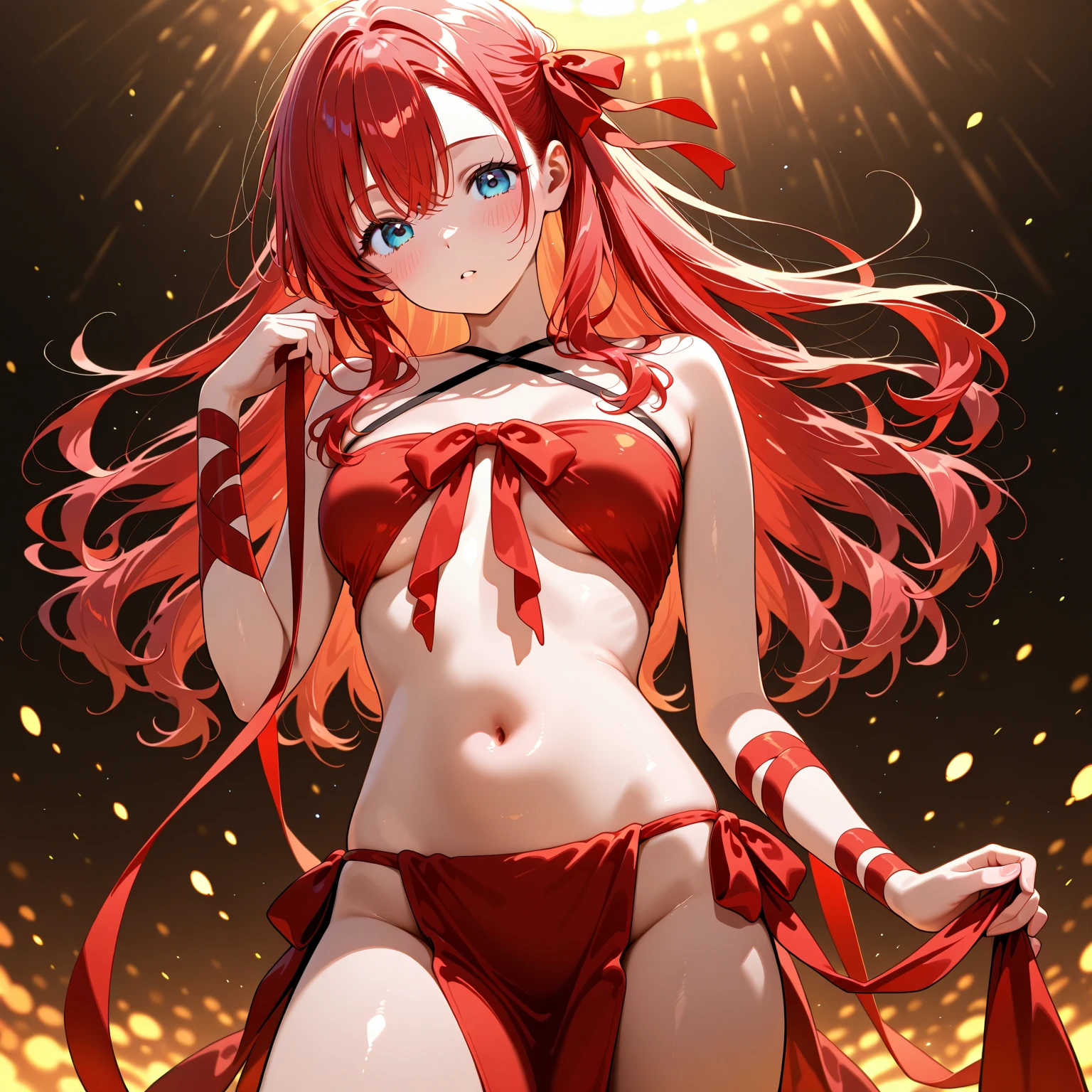 (Cape)、(Raise your right hand)、(Open your mouth)、(((Red tattoo)))、(((Red Bikini)))、Beauty、(((Red hair twintails)))、((whole body))、(((Photo taken from below)))、Night Sky、The background is a night forest
