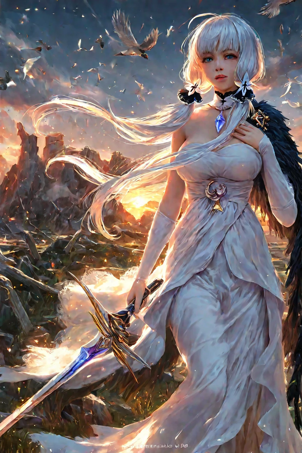 Nero、blanche、blue、rot,(Best quality at best, ultra - detailed, A high resolution, extremely detremely detailed CG),wide wide shot,Dead angel standing on the edge of the cliff,She is beautiful,She loves blood and the sea,Blood rain, mistic,Fanatics, iintricate, Surreal,Exquisite