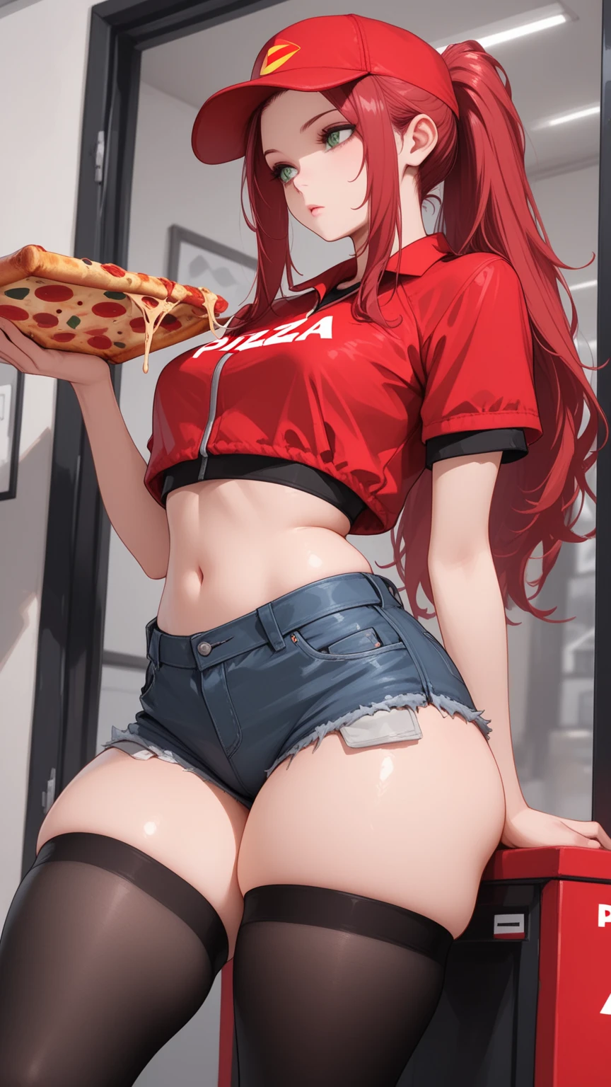 Holding (A slice of pizza)1.5　topless, Armless, A woman wearing full-zip shorts　Jeans have a belt　　　With side slits　Big Ass　Spread your legs　Open your arms