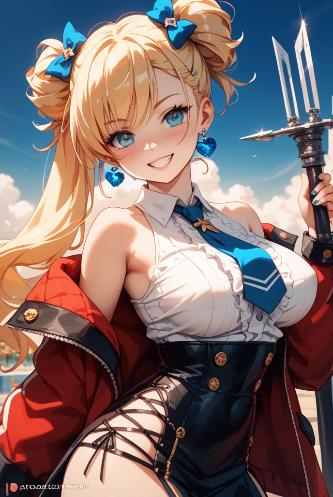 One girl, idol, bewitching dancing beautiful, intense dancing, jumping. Girl (cute, smiling, blonde hair, twin tails, big tits, fashionable outfit, idol outfit). Stage (beautiful city, beautiful blue sky).