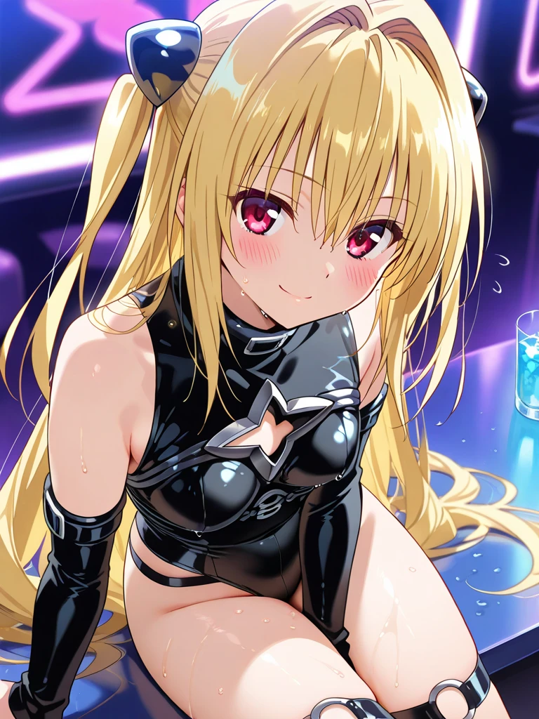 (best quality, masterpiece),ultra detailed,NSFW, (1girl),solo, arms behind back, blonde hair,ahegao,saliva,black leotard, taimanin suit, one-piece tan, elbow gloves, fur trim, fingerless gloves, frilled leotard, thigh boots