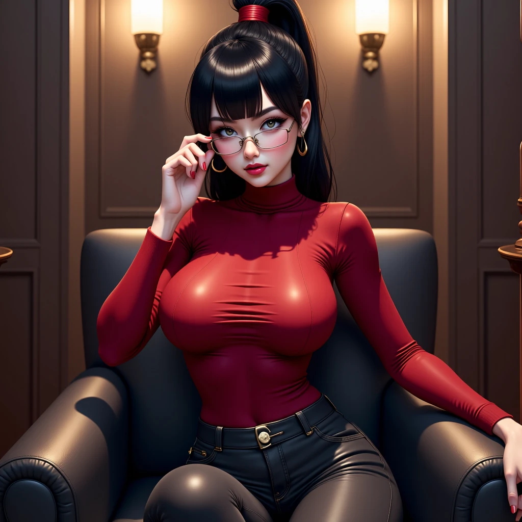 1girl, (solo:1.2), closed room, (red ambience lighting:1.2), highleg leotard, (gigantic breasts:1.2), detailed face, long hair, middle-parted hair, thighs, v-lines, glasses, smile, looking at viewer, cleavage, (raw photo:1.2), masterpiece, highest quality, very detailed, perfect beauty, diamond dust, romantic, night club,