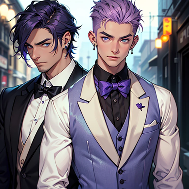 Man with silver hair with pink streaks and pink fade at the end with silver eyes.  silver Victorian suit with gloves. All in Jo Jo’s Bizarre adventure art style