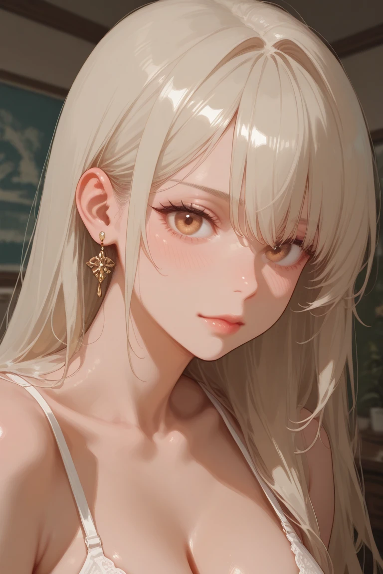 Princess , in lighting castle , high quality, super quality, (detailed face:1.2), beautiful woman , golden eyes, long hair , gorgeous dress, tiara, necklace , earring , sharpe eyebrow , beautiful bangs are covering her eyes , mega breast  ,platinum blonde hair , smile , 