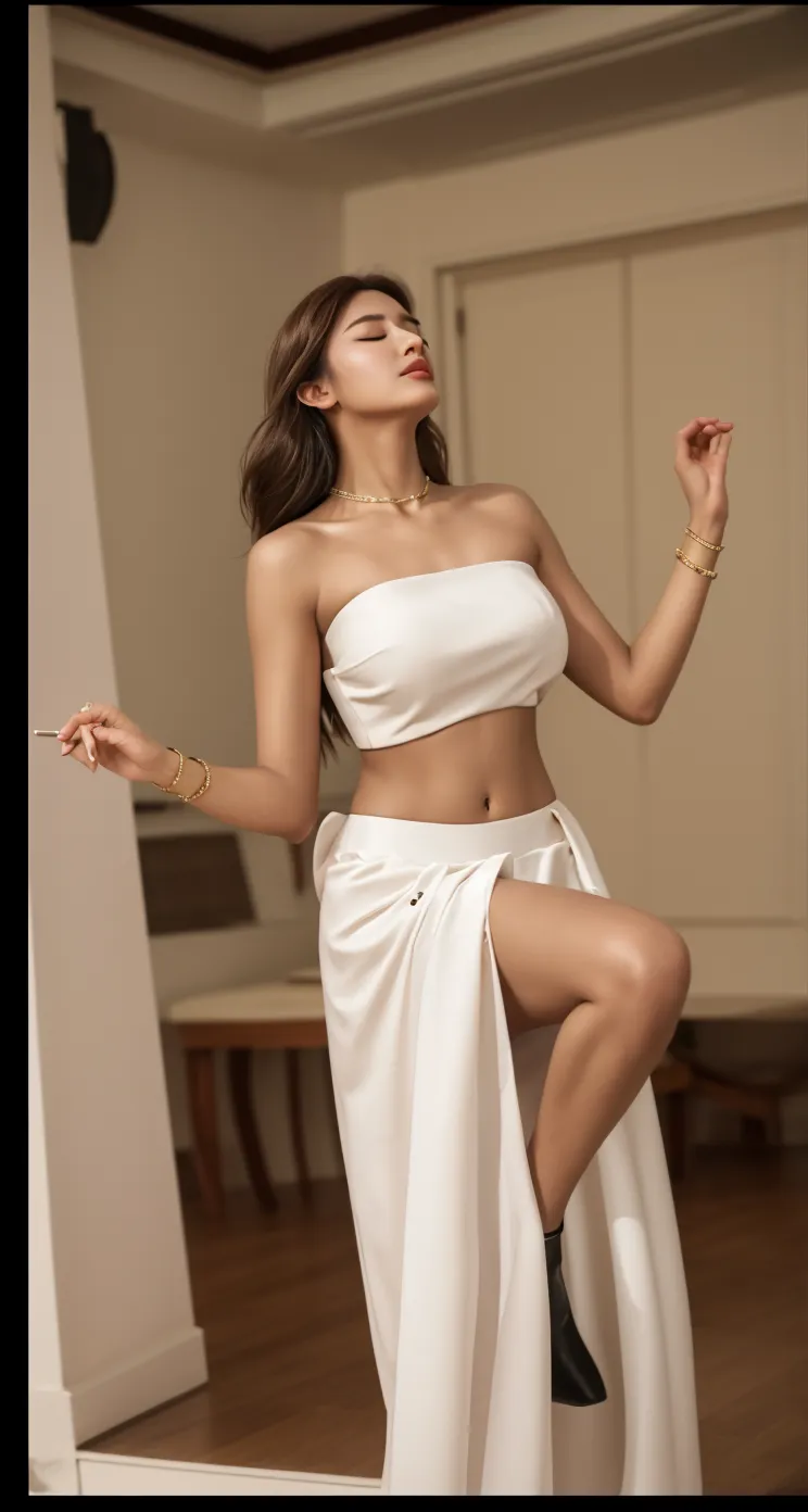 Full body view, Big breasts, ultra realistic 8k cg, Picture-perfect face, Flawless, Clean, Masterpiece, Professional artwork, Famous artwork, Cinematic lighting, Cinematic bloom, Perfect face, Beautiful face, Beautiful eyes, ((Perfect female body, Narrow waist)), Silver hair, Red eyes, Gorgeous queen, royal, Divine, Goddess, divino, (Royal Palace), fantasy, Dreamlike, unreal, Science fiction, Large breasts, a white long skirt, Lace, Lace trim, lace-trimmed legwear, Absurdly long hair, Very long hair, (Rich:1.4), prestige, luxury goods, jewelry, Diamond, gold, the pearl, Pedras preciosas, Sapphire,, Emerald, intricately details, Delicate pattern,  Charming, Enchanting, hair adornments, necklace, Earrings, Bracelet, armlets,
