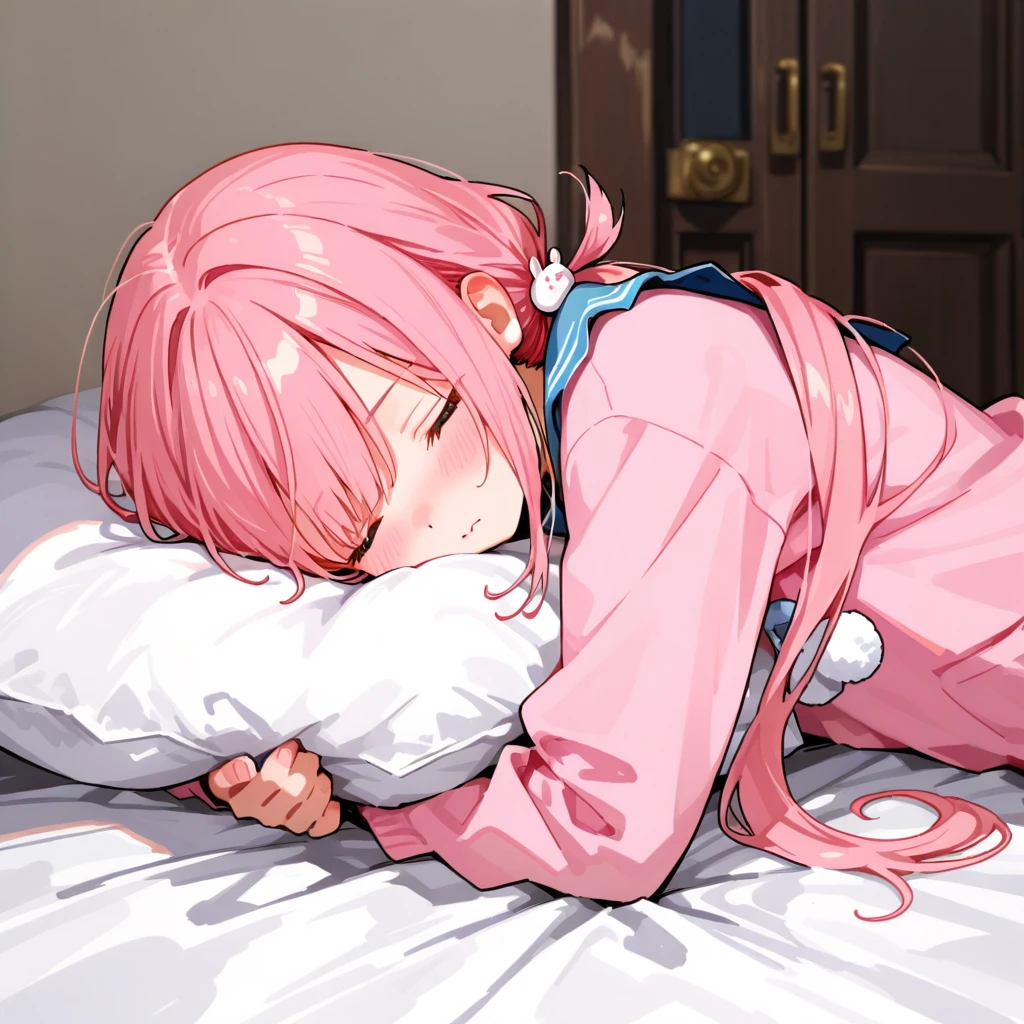 ((masterpiece)), ((best quality)), ((high definition 4k |)), ((Female characters)),a girl wearing a school uniform，（Pink hair），In the bedroom里，blush，mouth close，Embarrassed expression，Tears gleamed in the corners of his eyes，Shy emotions，red puffy eyes。background story, ((In the bedroom)), environment, Details of surrounding objects, ((light))，（nude），((Violated)),Lying in bed，Attractions,Side-lying