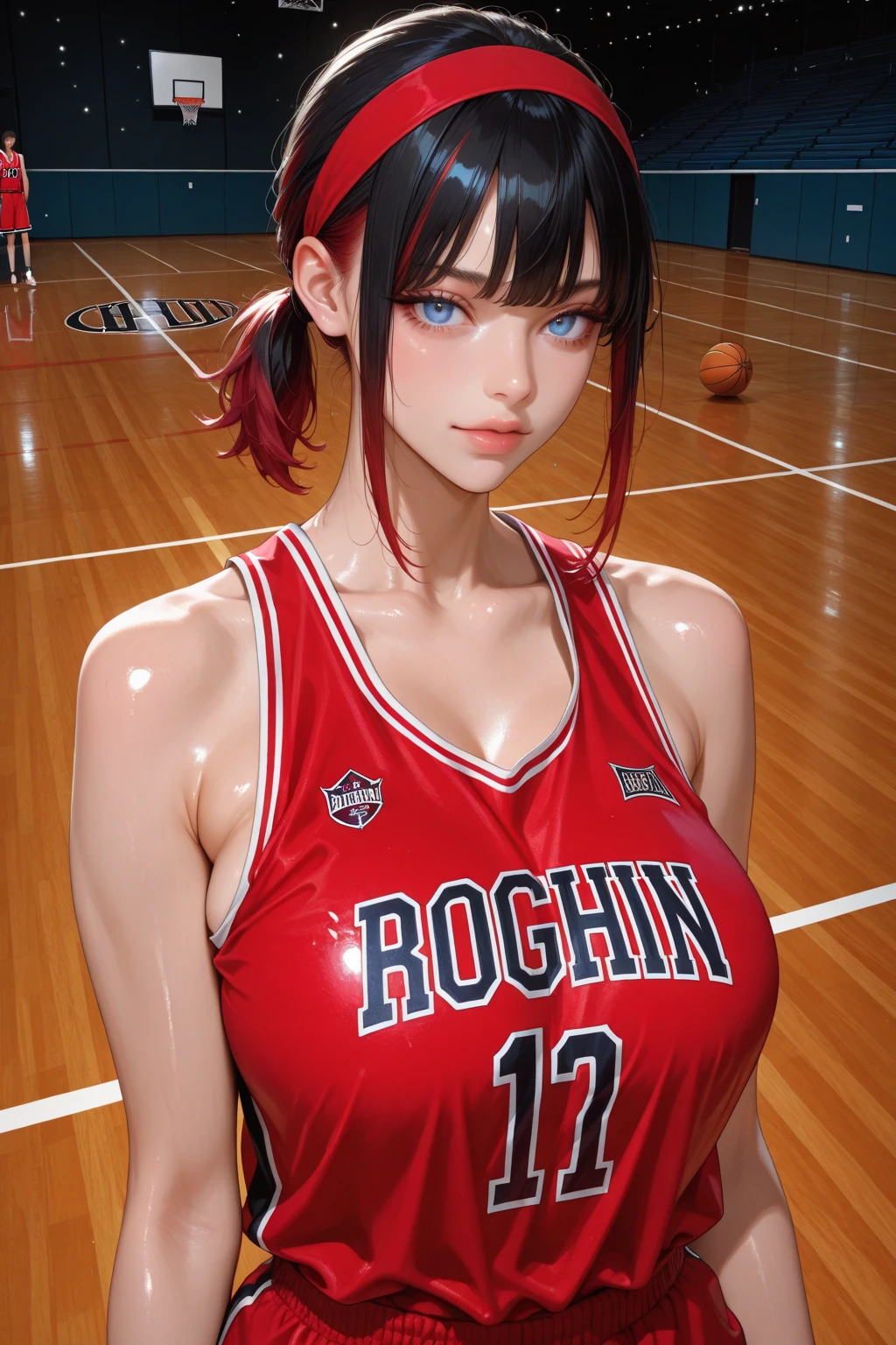 Masterpiece: 1.2, best quality), realistic, (real picture, rich details details, depth of field), (1girl, solo), makeup, cleft lip, high detail, perfect face shape, (small breasts: 1.4), (skindentation), thick thighs, Wide hips, thin waist, tall, coral, red lips, red eyes, ponytail, ((basketball girl, black basketball suit)))), (sweat: 1.2), (wet), sexy, blush, sweaty