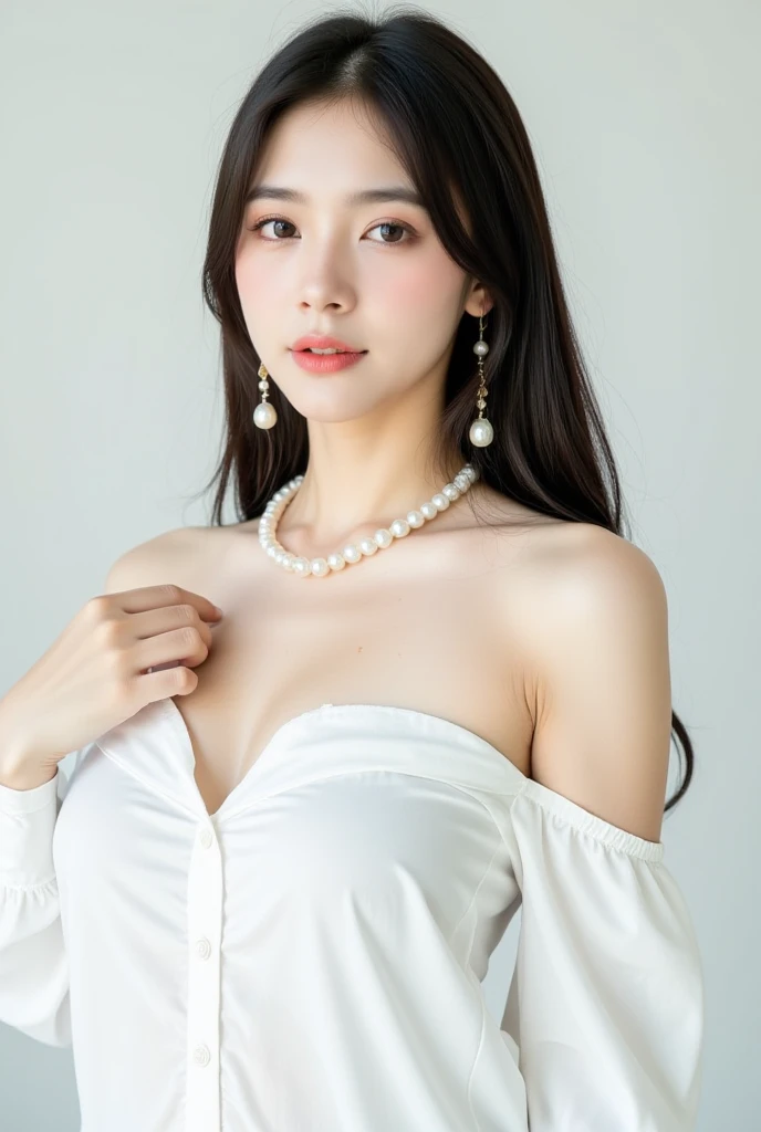 1 girl, national foundation, ((8k, raw, masterpiece: 1.5)), (Professional photography, sharp:1.2), Perfect dynamic composition, (Natural sun light), (soft shadow), (Perfect body:1.4), (((skinny figure))), ((huge round breasts: 1.35)), (((((medium long hair,bangs))))), Ultra-detailed faces and skin, perfect asian, White skin, (Delicate skin:1.4), (latex skin:0.4), (perfect glowing skin:0.6), light brown eyes, beautiful eyes, round eyes, pretty face, blush, glossy lips, ((plump lips)), glossy eyes, Really moist skin, looking at camera, Elegant pearl necklace, Elegant earrings, minimalist, (((red wedding dress)))