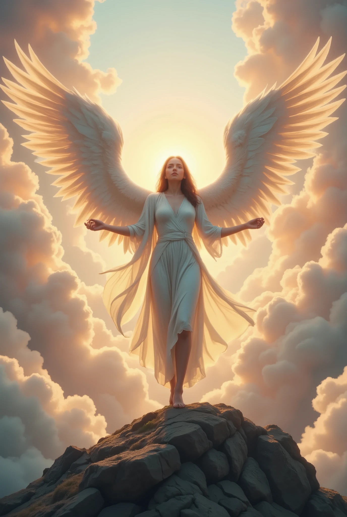 ((RAW Masterpiece 16K HDR Image)), "An angel with massive, semi-transparent wings descending from the clouds at sunrise. Her robe flows like silk, glowing faintly with divine energy. The sky glows with pastel hues, soft light illuminating the mountaintop below. Taken on a high-end DSLR with f2.0, crisp feather detail, atmospheric haze, golden rim lighting. A serene spiritual moment frozen in time."