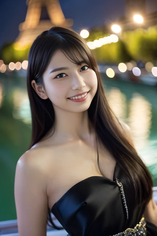 High resolution、high resolution、8k、Real Live Action、(((Tabletop:1.4, Highest quality:1.4)))、Physically Based Rendering, Portraiture, Super beautiful sexy woman, 18-year-old, Small, large eyes, Fine thin eyebrows, Eye highlights, Half-up dark brown hair, Highly detailed face and skin texture, Sharp focus, Clear focus:1.2, Slender beauty:1.4, Slim Abs, Oval Face, Lip gloss, Distinct facial features, A kind smile, Are standing、(((tight black dress)))、Lift the dress yourself, Exposing shoulders, No shoulder strap, No sleeve, No arm covers, ((European cobblestone road at night:1.4)), Warm street lights,(((Beautifully aligned and white teeth)))、Sparkling eyes、Sparkling eyes、Lip glossで輝く唇