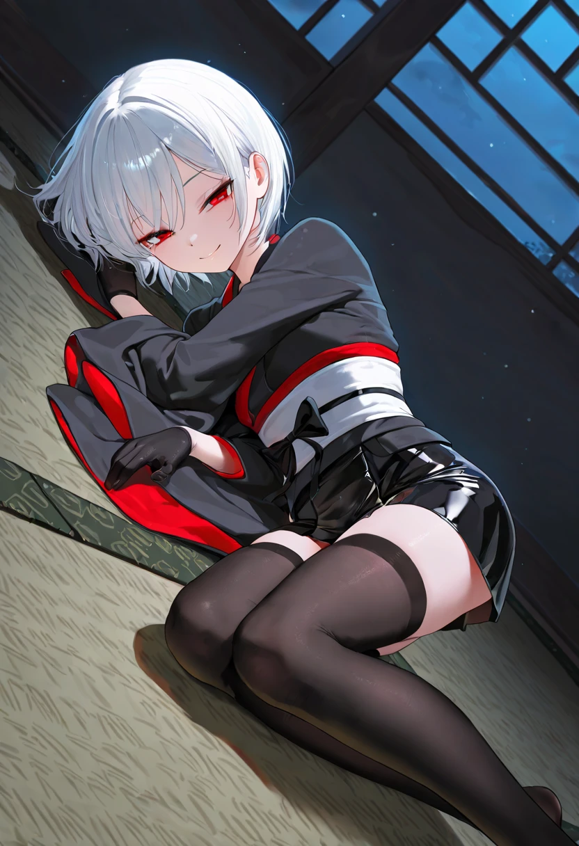 short hair、Japanese Gothic Lolita、shorts、Perforated lace knee socks、headset、Hold your sword、White hair, red mesh、black boots、floral hair ornament
