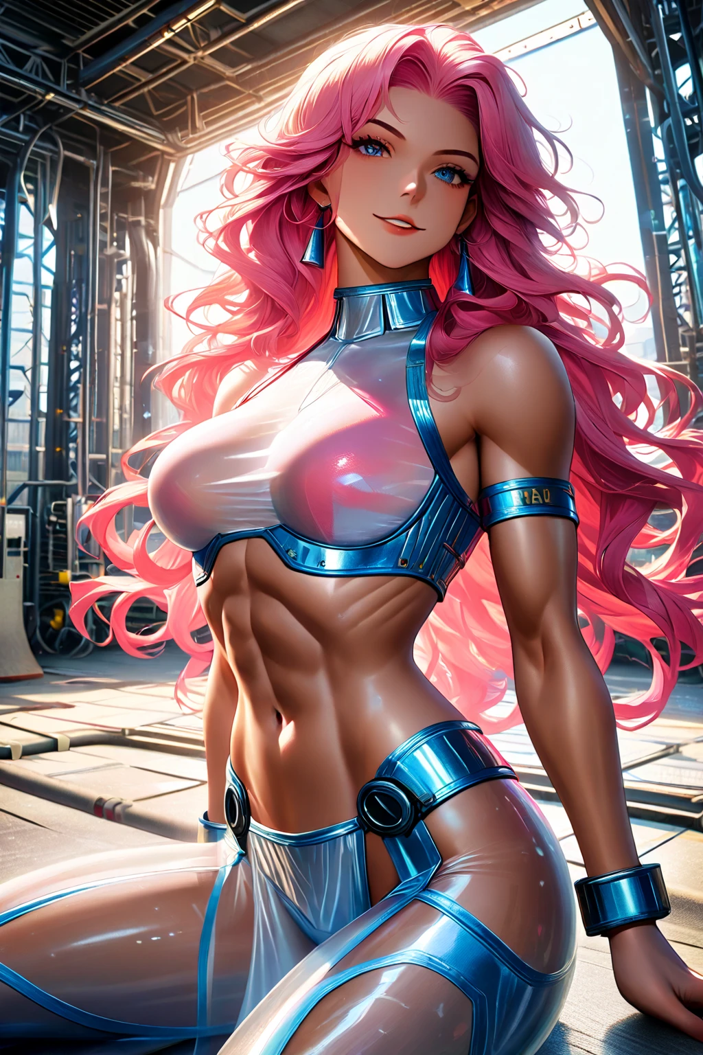 In a sleek and high-tech training room, a captivating anime girl with long, flowing pink hair and striking blue eyes is dressed in a skin-tight, blue agent outfit. The outfit consists of a long-sleeve turtleneck crop top and matching booty shorts, paired with boots that go up to her thighs. Her long hair cascades freely down her back, adding a touch of elegance to her powerful appearance. The room is filled with advanced training equipment, and the scene captures her in a moment of focus and readiness, showcasing her athleticism and determination. The art style is dynamic and vivid, emphasizing her curves and the intensity of the training environment