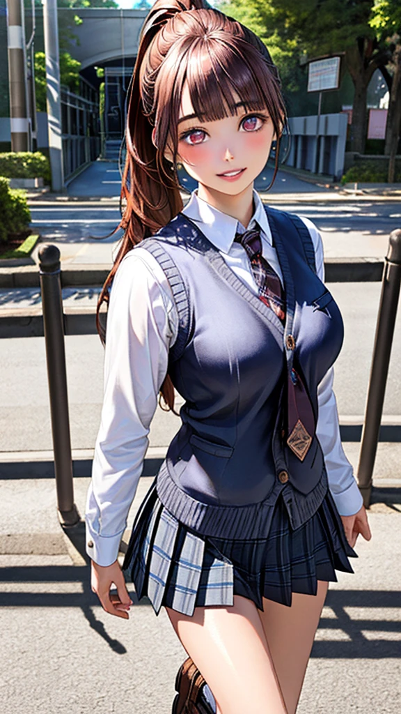 honoka dead or alive , steam , rain , plaid skirt , pleated skirt , Tight shirt , white Shirt , school girl , (masterpiece, best quality, hires, high resolution:1.2, 4k, 8k , high quality), extremely detailed, realistic, intricate details, highres , (large breasts, thick thighs, wide hips), arched back,(cinematic lighting, sunlight, perfect lighting, backlighting), eye-level shot, extreme close-up-shot, looking at viewer , best quality , red bow , red knot , (masterpiece, best quality:1.2), solo, 1girl, honoka, smile, looking at viewer, hand on hip, one side up, skull hair ornament, ,purple jacket , single glove, black gloves , white thighhighs