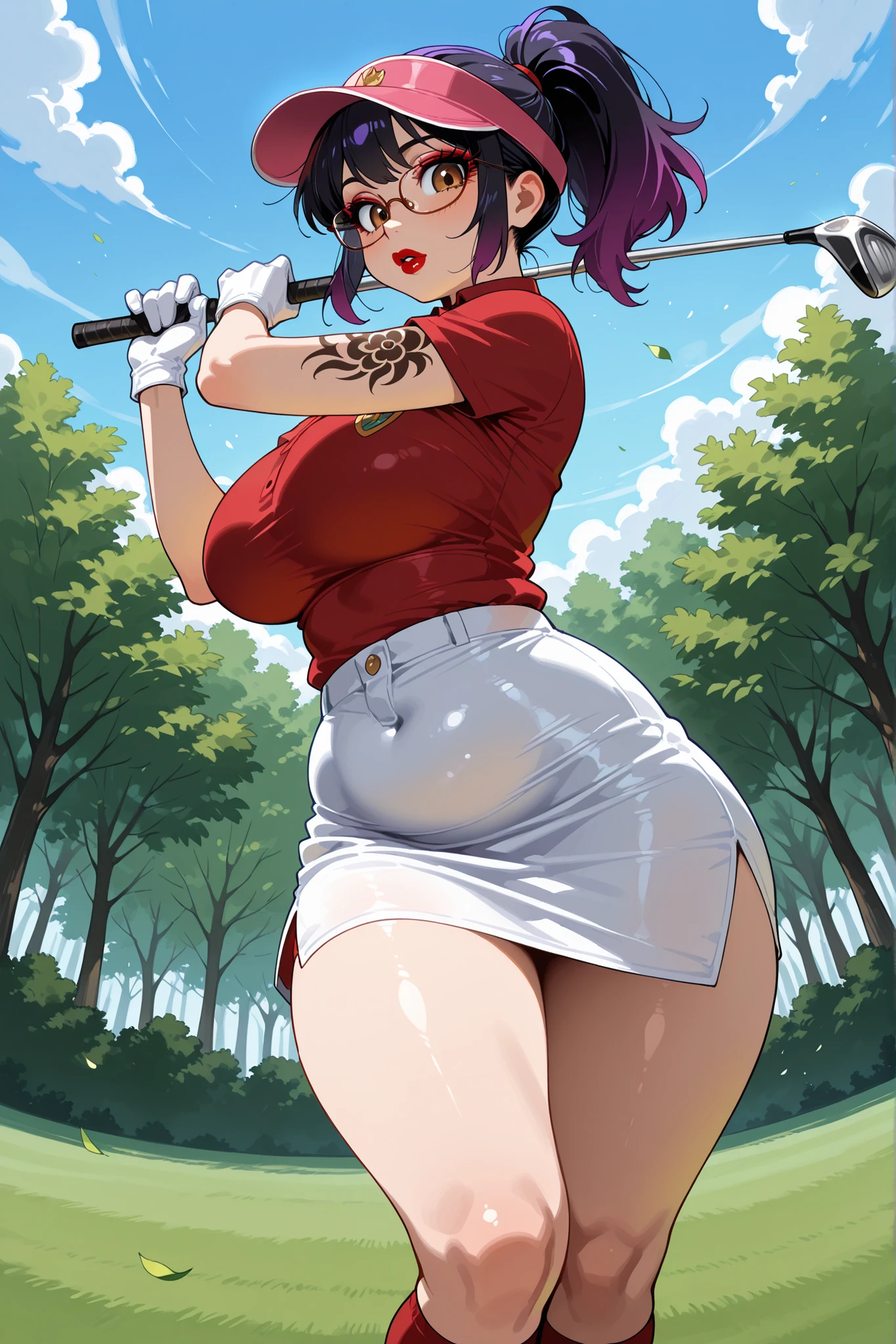 score_9, score_8_up, score_7_up, source_anime, highres, 
1girl, solo, transgender, femboy, Anna, (short hair, black hair, purple hair, gradient hair, multicolored, ponytail, warm brown eyes, glossy red lipstick, plump lips, eyeshadow, mascara, long eyelashes, glasses, arm tattoo, narrow waist, wide hips, large fake breasts, thick thighs),
golf, golf club, gloves, shirt, skirt, visor cap, outdoors, day, golf swing 
from behind, fisheye lens, looking down