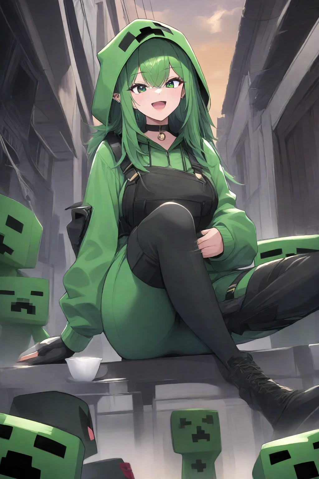minecraft Creeper green hoodie Super big breasts grassland personification full-body shot