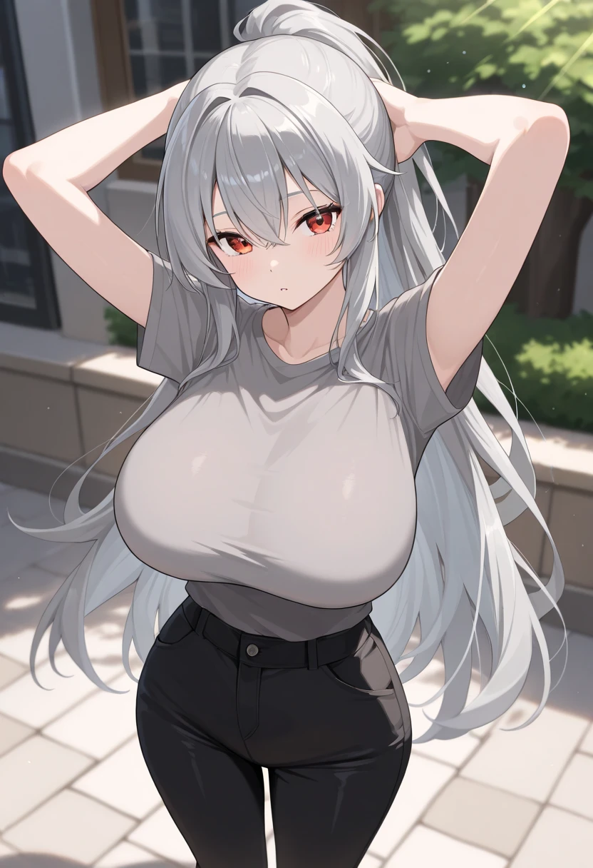 1girl, milf, big breasts, sexy curvers, silver long hair, red eyes, smile, shirt, Mini Shorts, best quality, masterpiece, hdr