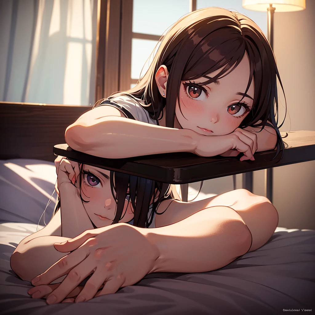 best god quality, Ultra-detailed, perfect Anatomy, (Draw a girl laying in a hotel bed), (lights are off), dark room, room is dark, 1girl, is a soft beautiful tan girl, wearing black pajama shorts, dark skin girl, tan line skin, (dark skin*2), (black + short wavy hair*1.2), Full limbs, complete fingers, groin, Beautiful gold eyes, well-proportioned tan girl, smug eyes, black pajama shirt, dark pajama bottoms, in a dark hotel room, High resolution, Best lighting by professional AI, hotel room, lights are off, looking at viewer, (((One girl in middle))), (((SOLO))), (they are laying down in bed) ((bed sheets over body))