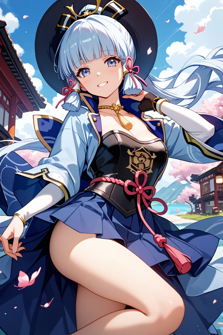 solo, 1girl, tnbbluerose, crystal earrings, blush, lipstick, long hair, crazy eyes , large breast, masterpiece, best quality, highly detailed, a anime girls in kimono dress with a sword posing for a
picture, bare shoulder,open kimono, evil smile, open mouth, crop top , (nsfw) not safe for work, smile,
ecchi anime style, anime girls, ecchi style, ecchi, digital anime art!!, in anime style, official artwork, visual
novel cg, beautiful anime girl, anime style 4 k, kimono pencil skirt, exposed belly, exposed navel,
exposed midriff, exposed lower belly, outdoor, japanese architecture, temple