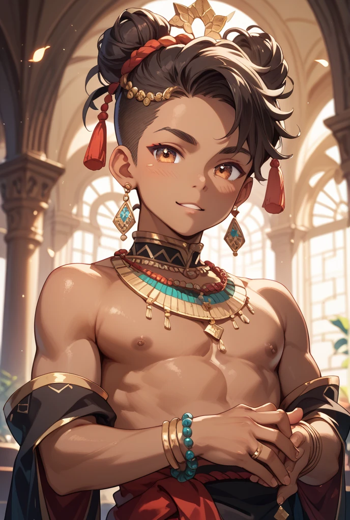 Thai boy, 8 year old, smile, beautiful eyes, tan skin, wear blue loincloth, Wear gold jewelry, inside the palace background, , bright vibrant colors, digital oil painting