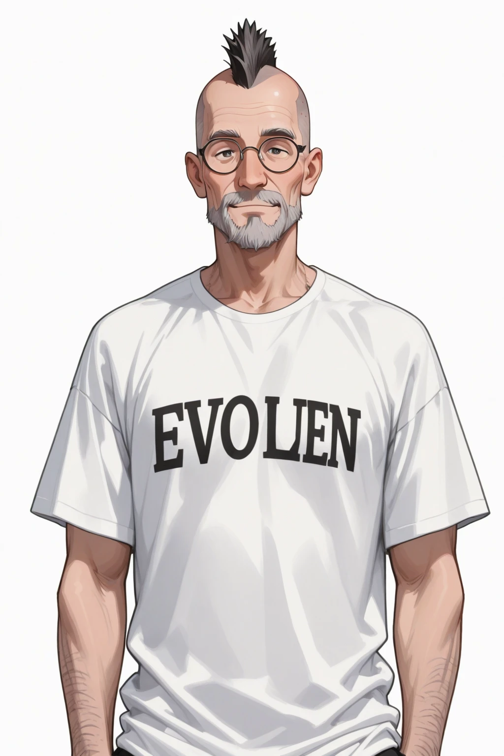 Create a realistic image of a 50-year-old man. With a shirt written a name, Severino 