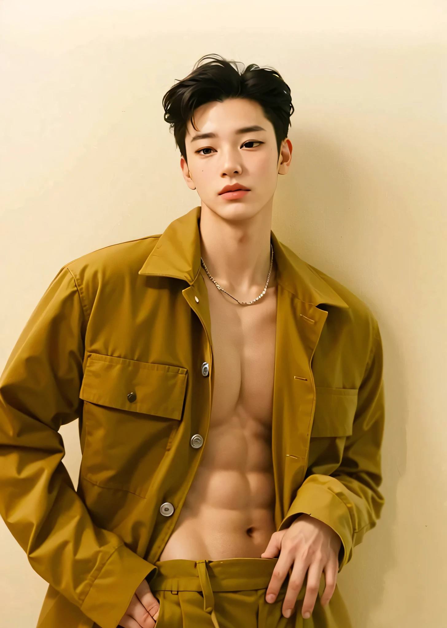 A Korean boy with yellow hair and no shirt, yellow hair, posing for photo shoot, full body, smooth background, jungkook, jungkook taeyang Jimim 1 boy, 1 man, Korean male man, Korean male man alone alone, solo, alone