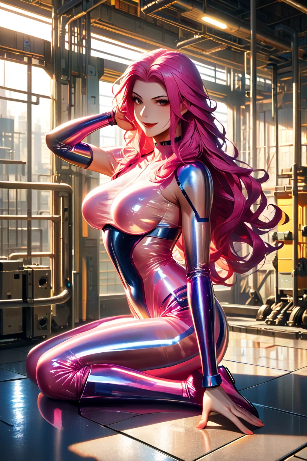 Happy , with wolf ears and pink hair, holding her cheeks, wolf tail, wearing a latex dress, looking at veiwer, full body, you can see her chest, naked breasts