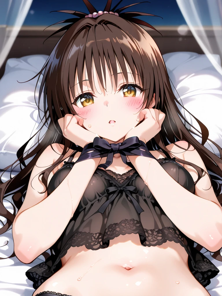 (2 young girls with long hair, Beautiful face and eyes and eyeliner,A delicate little face, pink eyes, Charming smile, (Maid cafe outfit with frilly, Sheer pleated mini skirt:1.5), Skirt turned inside out,(Transparent maid cafe costume with large open breasts and hollow:1.2), Sexy transparent underwear,Underwear exposed,Show belly button, Revealing sexy transparent white panties (very pretty girl), brown hair, Fashion hair accessories quality:1.4), (Extremely detailed),Pendants and earrings、 (Extremely detailed CG unified 8k wallpaper), Very detailed, High-resolution original color photos, Professional photography, Depth of Field, (Lying in bed)