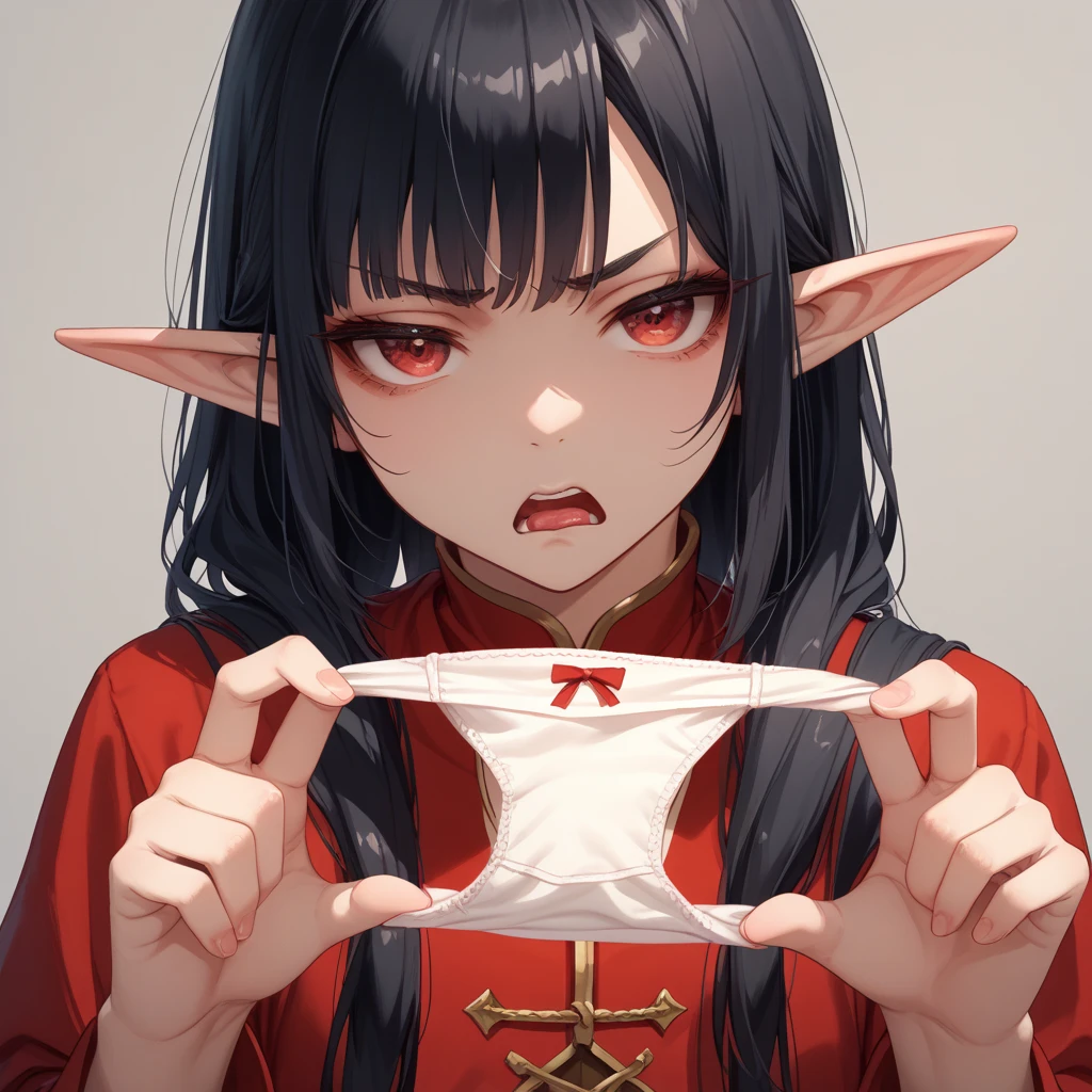 realistic image, coherent image, detailed image, 1 elf, long hair, with a bun, black hair, turquoise eyes, earrings, delicate oval face, blushing, big sweater, thong thong, small breasts, curvy body, thick thighs, legs view, black background, uniform background.