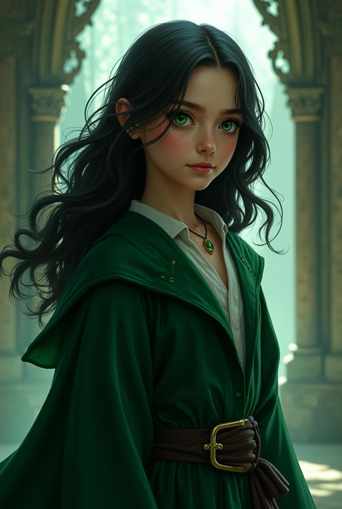 highly detailed portrait of a young girl, beautiful detailed green eyes, beautiful detailed lips, extremely detailed face, long eyelashes, young girl in long black robe, hogwarts uniform, holding magic wand, daughter of severus snape, (((11years old))), black hair , large victorian style mansion, ornate interior, chandelier, bookshelves, (best quality,4k,8k,highres,masterpiece:1.2),ultra-detailed,(realistic,photorealistic,photo-realistic:1.37),dark academia,dramatic lighting,moody atmosphere,rich colors