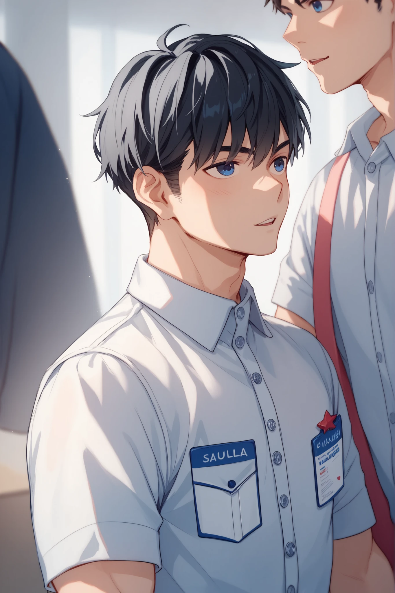 Boy with two blocks of black hair and dark blue eyes。has a strong figure and is wearing a white shirt and navy blue slacks