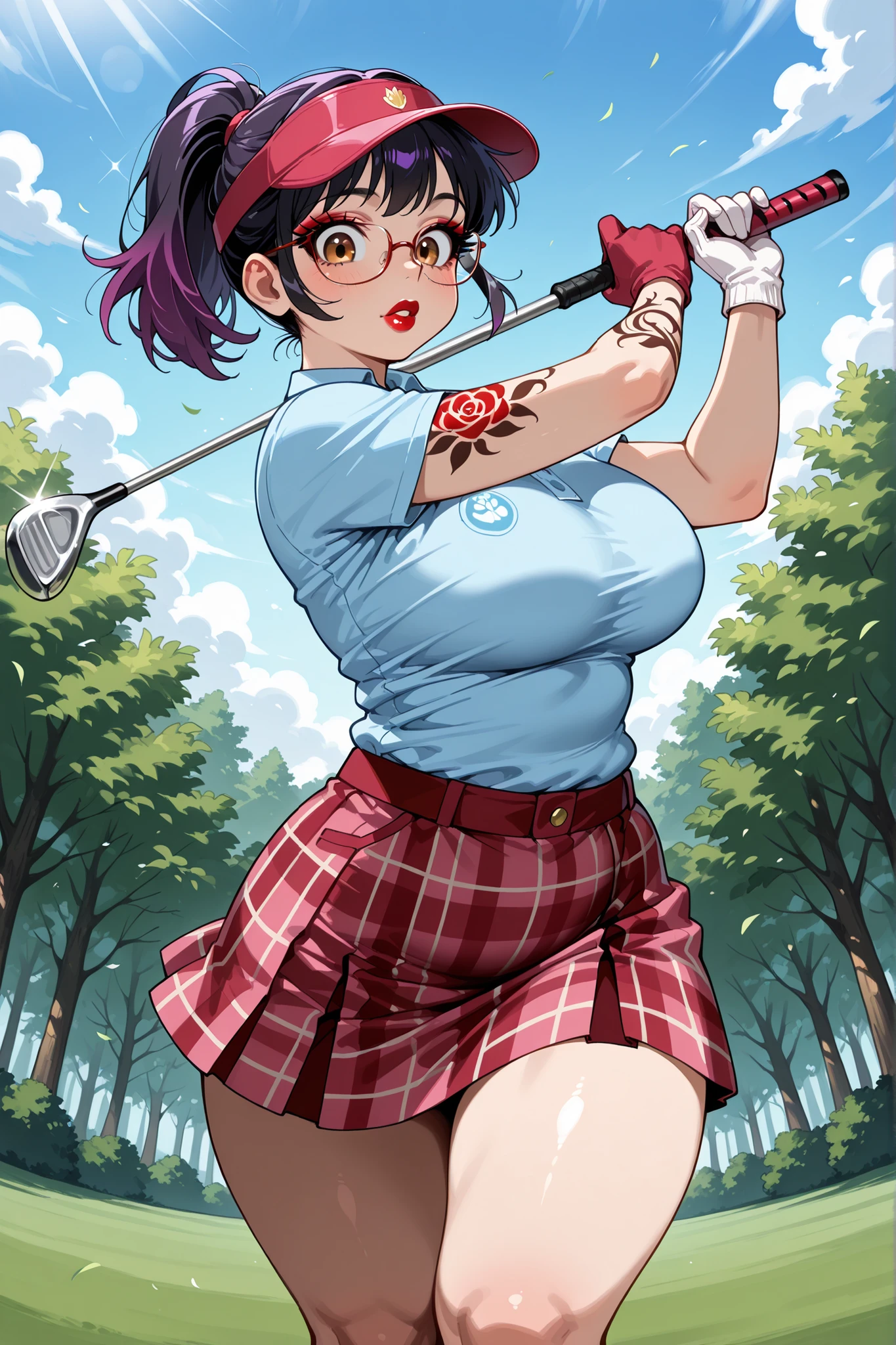 score_9, score_8_up, score_7_up, source_anime, highres, 
1girl, solo, transgender, femboy, Anna, (short hair, black hair, purple hair, gradient hair, multicolored, ponytail, warm brown eyes, glossy red lipstick, plump lips, eyeshadow, mascara, long eyelashes, glasses, arm tattoo, narrow waist, wide hips, large fake breasts, thick thighs),
golf, golf club, gloves, pastel blue shirt, plaid print skirt, visor cap, outdoors, day, golf swing 
from behind, fisheye lens, looking down