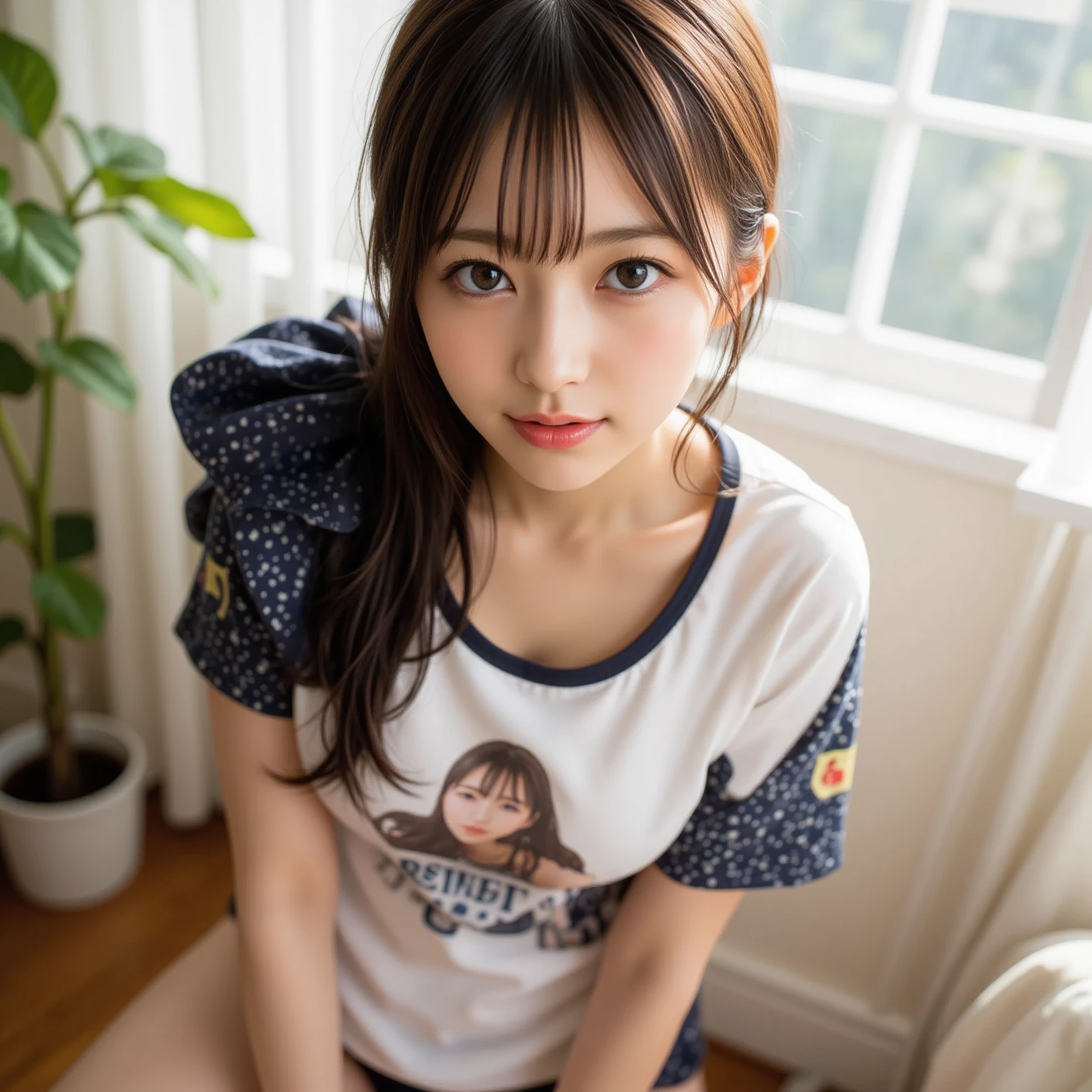 muste piece, best quality, (highest quality、8K、masterpiece:1.3)、ultra high resolution、Physically based rendering、(photorealistic:1.37)、beautiful woman with perfect body:1.4、slim abdomen:1.2、Highly detailed face and skin texture、 red cheeks、white skin、thin waist,thin legs、highest quality,very beautiful 12 year old girl, (cute:1.2),perfect shiny skin,((Precise hands without any discomfort)), brown hair,(short twin tails),((Furu Nude))、(((lower body nude)))、(((long sleeve t-shirt)))、(((smile)))、(high heels)