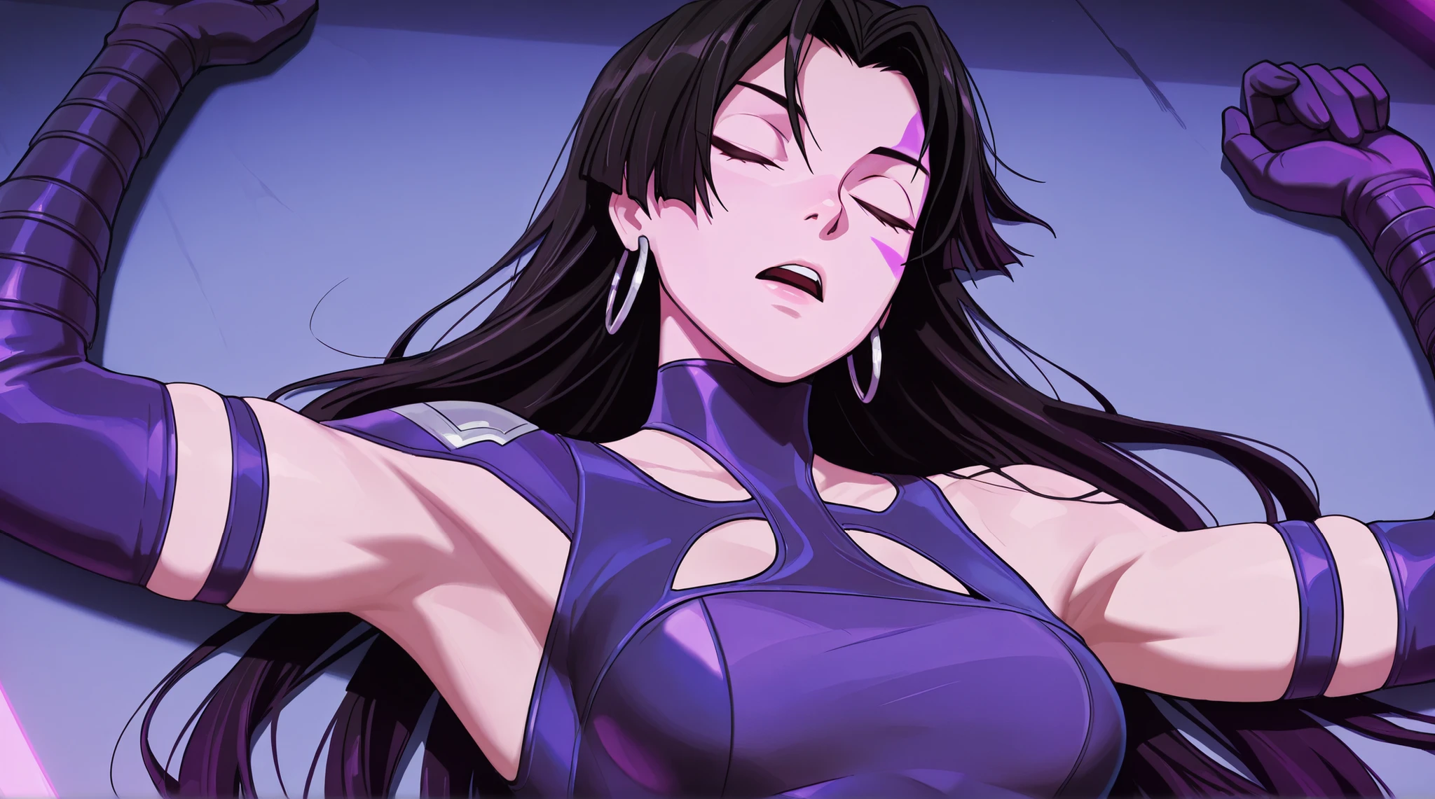 masterpiece, best quality, amazing quality, anime screencap, anime coloring, 1girl, solo, psylocke_vengeance, blue eyes, black hair, straight hair, long hair, hoop earrings, jewelry, purple leotard, clothing cutout, purple gloves, elbow gloves, Raise arms straight up over head, armpit, head towards viewer, front light, skindentation, armpit focus, hurt face, closed eyes, half open mouth, Lie on the floor, simple background, cutout, exposed armpit, faint, she lay unconscious, mouth slightly open, lights off, night time