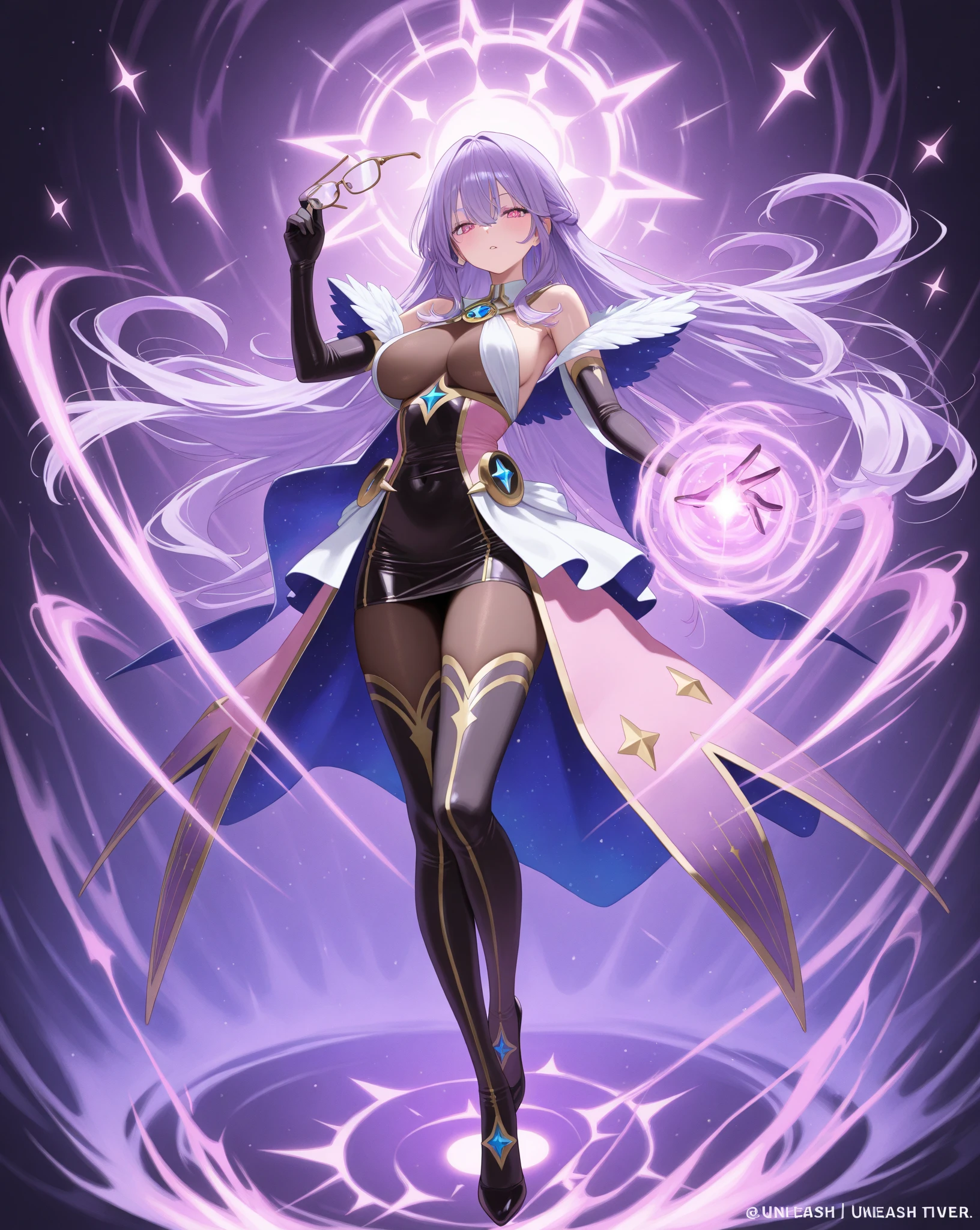 a thin and sweet magician girl with long ashen hair. He wears a long cape with a hood that covers his head.. Below you can see a sexy outfit with high boots that shows off her abdomen and thighs.. She has a staff in her hands and is surrounded by a powerful magical aura.. The image has vibrant colors and fine details on her clothing.