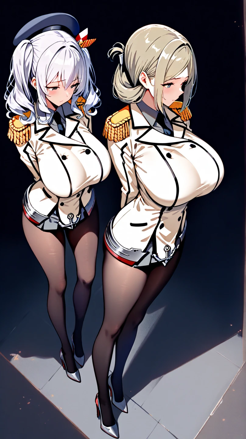 ,twins,Gray Hair,stockings,Mature Woman.very aesthetic,absurdres,{{White jacket}},grey,light blue,long hair,looking at viewer,military hat,light hair,{{silvery white}},blurry,eyes visible through hair,crooked smile,eyeliner,one-eyed,large breasts,white shirt, finger to mouth,underwear,