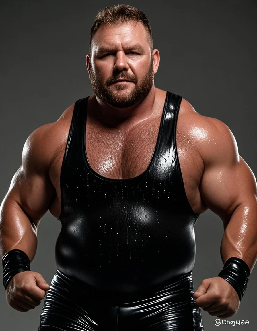 The big show as a bodybuilder with enormous muscles wearing a black latex wrestlesuit