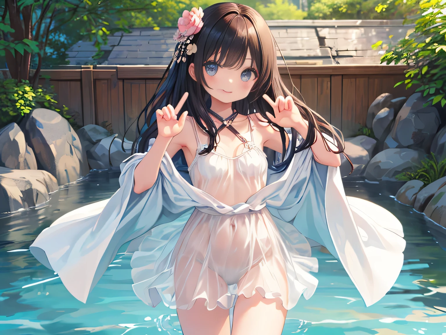 top-quality、extremely delicate and beautiful、Soio、Soio、8-year-old little girl、japanes、Lori、Chiquita、elementary student、A dark-haired、((Pink leotard))、（highleg）、Tiara on the head、A smile、is standing、Facing the front、Pond in the background、the woods