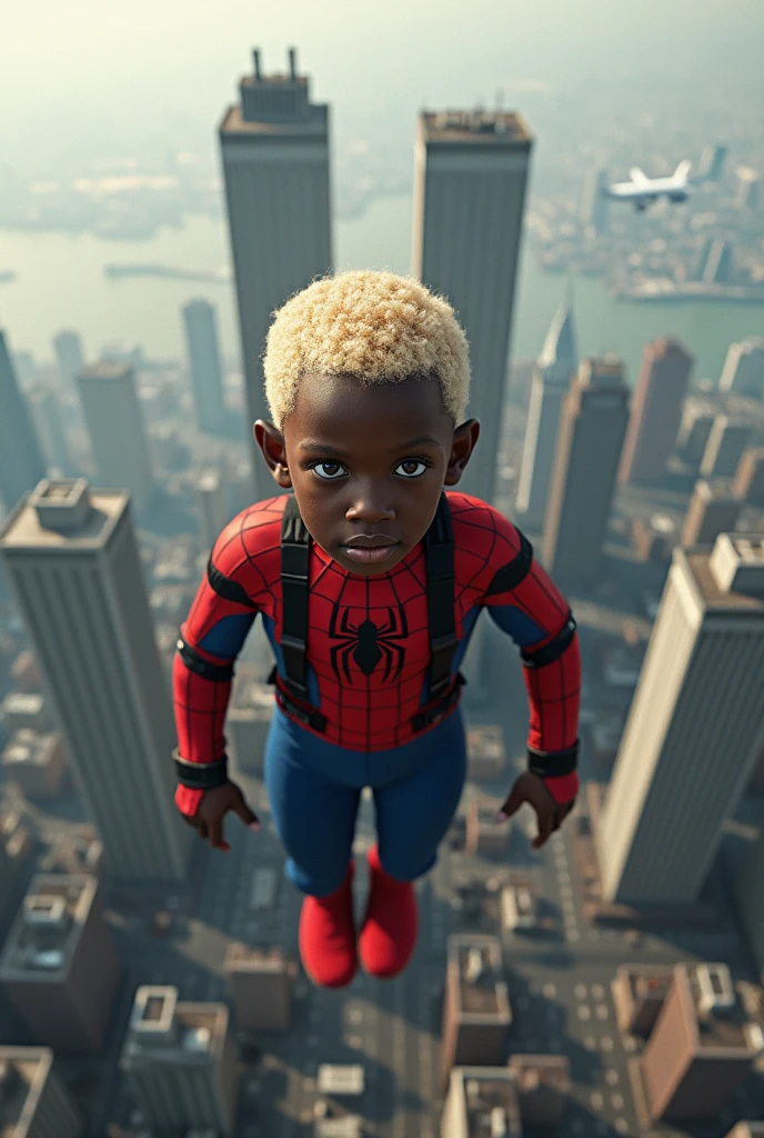 Child lego effect, Lego, child hero, Lego hero, 4k hdr, flying over a city, background blur effect, Lego superhero, create a superhero outfit with cape, in Lego, Lego toy, Lego toy, black child, boy, dark skin