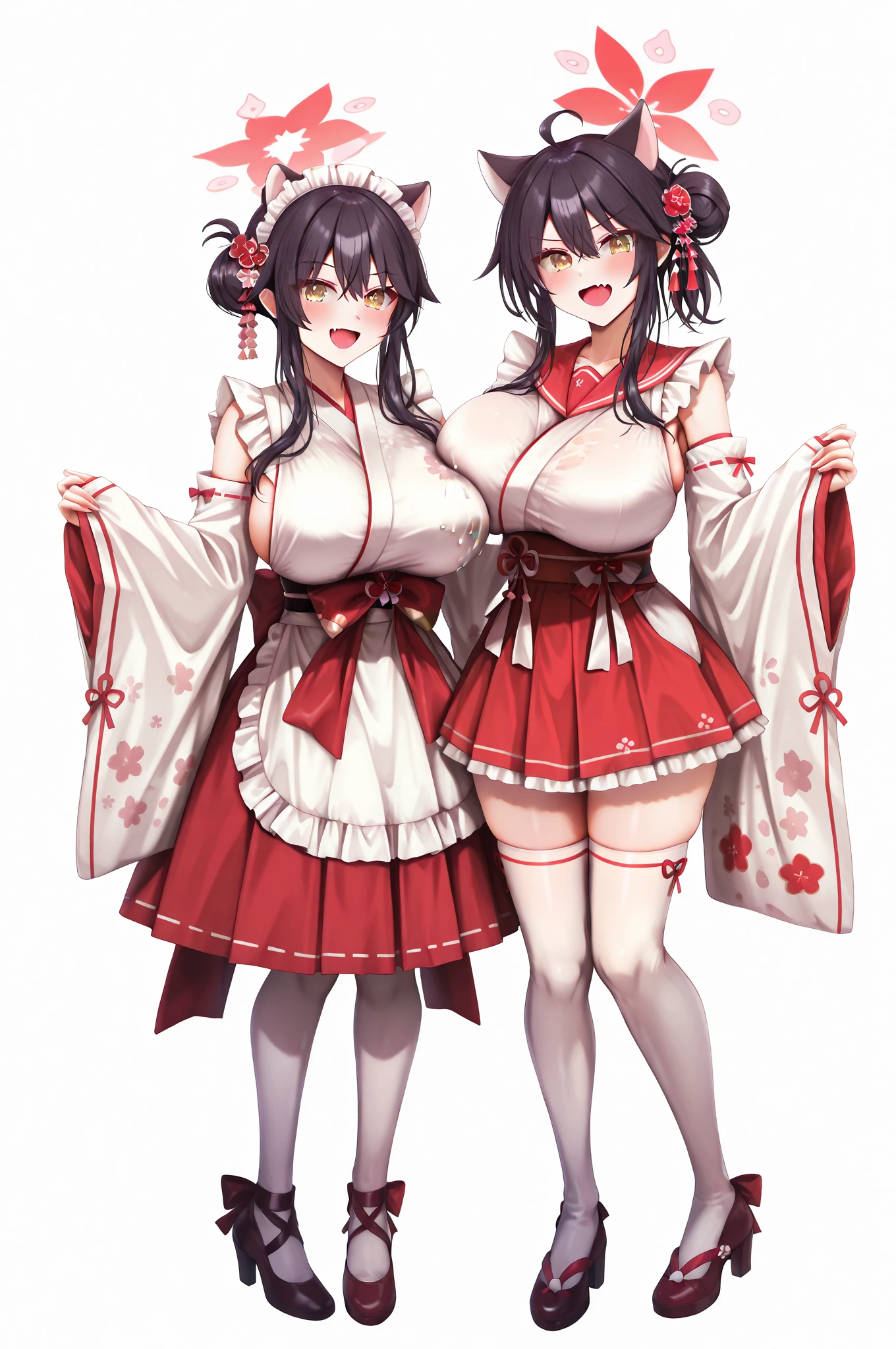 (((two girls))),((Perfect body,))((Super beautiful,))((High quality,)), (sweaty,) (wet all over,) blush,saliva, steam,((A shrine maiden in red and white Japanese clothes, long black hair, Yellow eyes, hair ornaments, on a futon, in a Japanese room at night,blunt bangs)),collar,pov, Looking at Viewer,gigantic breast,lie on japanese futon, exposing thighs, thigh-high socks, tabi,pussy,Smile,japanese ogre horn,Pleated skirts are so short that their crotch is exposed, and she lifts the skirt with her fingers to show off her crotch,((Two beautiful girls lying on a futon and seducing me)),nipple,open mouth,Spreading the vagina hole with fingers