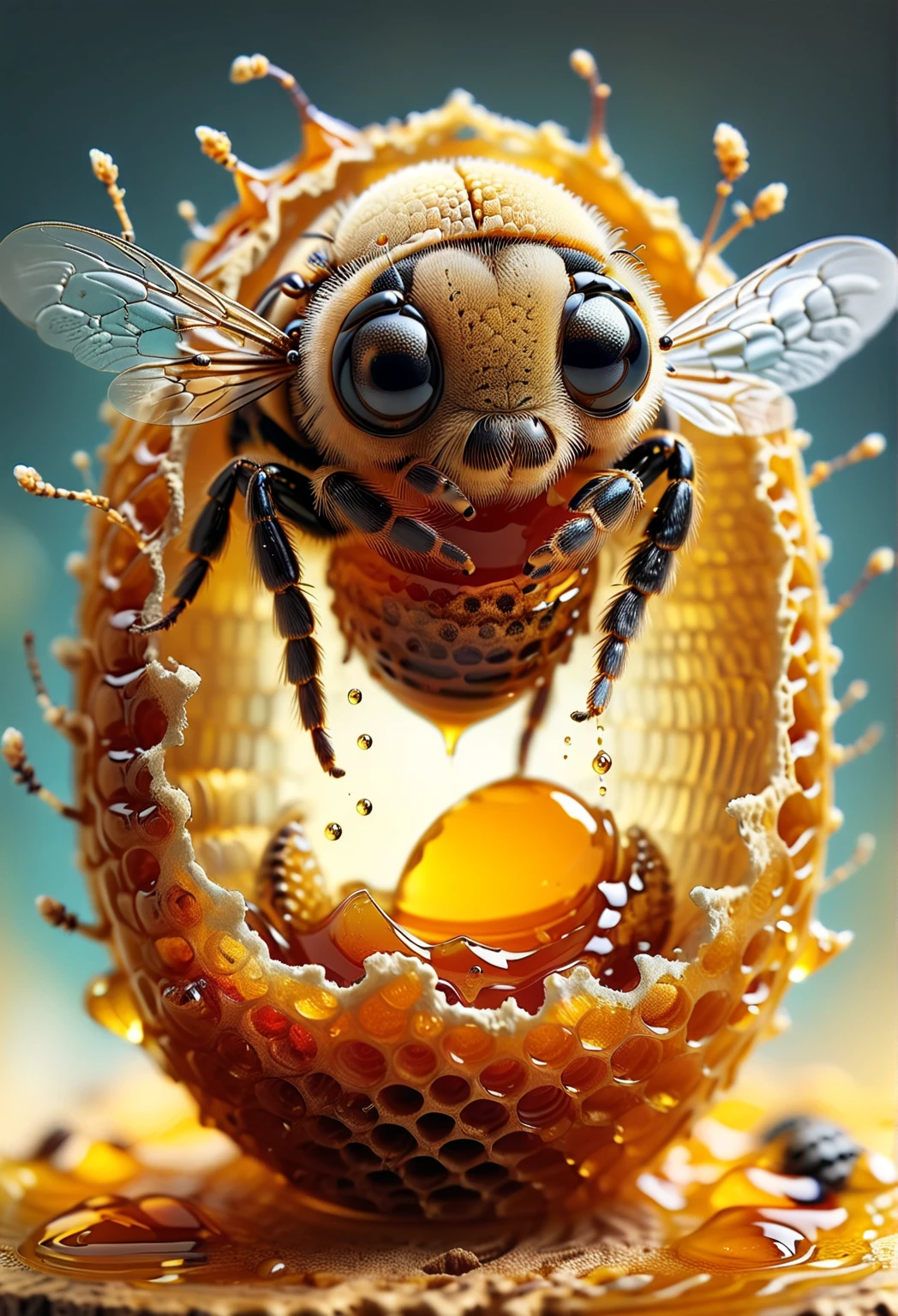 zhibi, a joyful bee hatchling with big chibi eyes sitting inside its freshly cracked open honeycomb egg, dripping honey, cute, surreal, dreamy, otherworldy, vivid lighting, high contrast, highly detailed background, lazypos