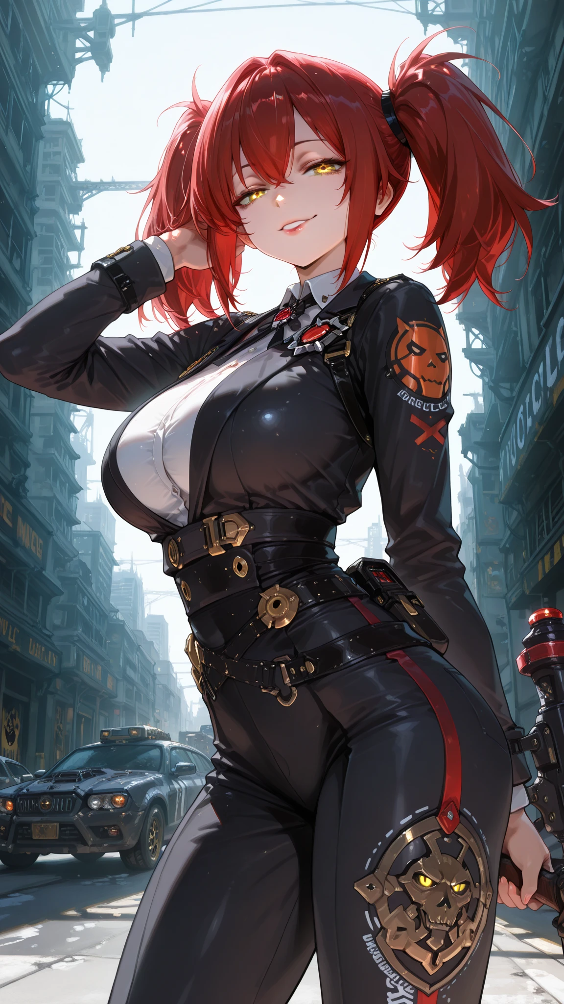 One young and beautiful woman, solo, (incredible high resolution, masterpiece, highest quality, highly detailed depiction, CG, high quality anime drawing), (business suit), (twin tails, long red hair, yellow eyes, face with shadows, glossy lips, large breasts, beautiful legs, perfect female proportions), (evil smile, seductive smile, expression of fascination and fascination mixed, pursed lips, model pose), (background: abandoned city, background with dark fantasy atmosphere, sexy cutout), (background blur, from bottom: 0.5,)