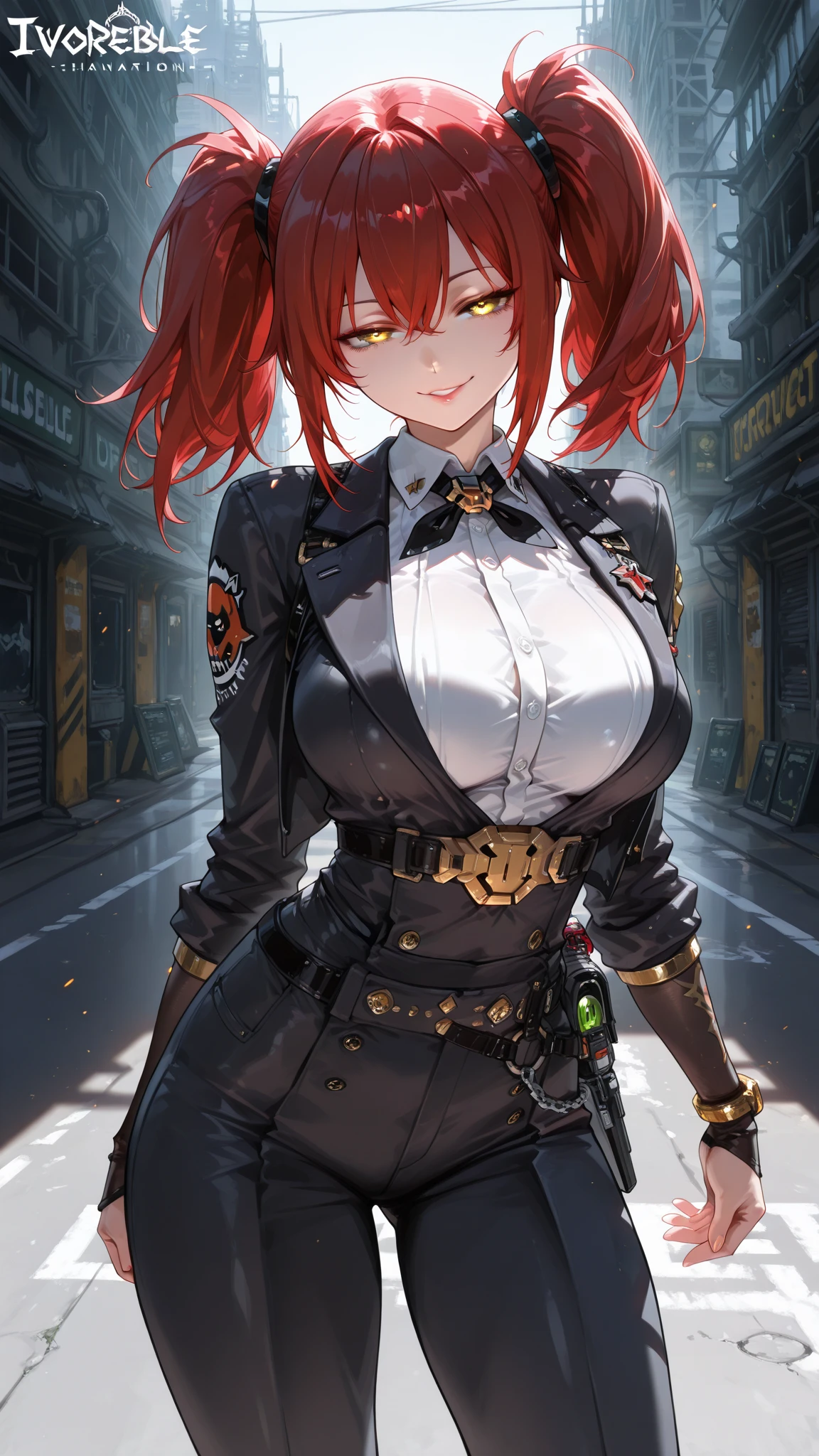 One young and beautiful woman, solo, (incredible high resolution, masterpiece, highest quality, highly detailed depiction, CG, high quality anime drawing), (business suit), (twin tails, long red hair, yellow eyes, face with shadows, glossy lips, large breasts, beautiful legs, perfect female proportions), (evil smile, seductive smile, expression of fascination and fascination mixed, pursed lips, model pose), (background: abandoned city, background with dark fantasy atmosphere, sexy cutout), (background blur, from bottom: 0.5,)