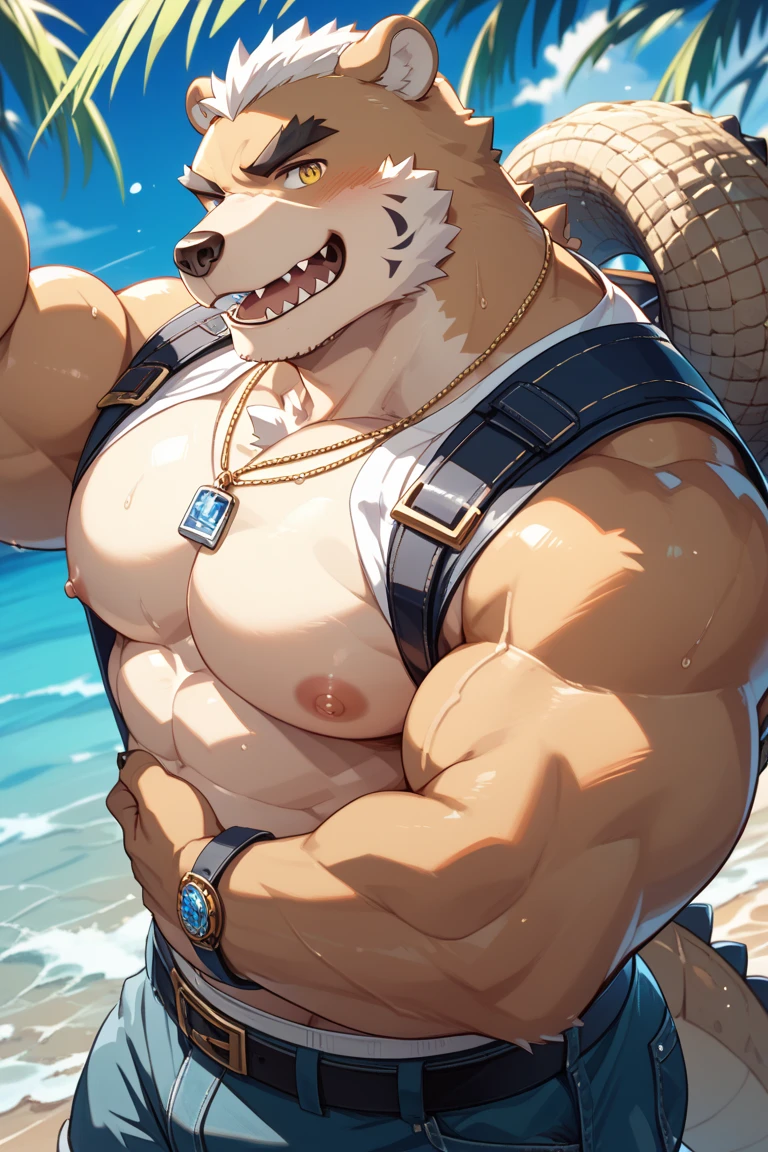 POV,top angle,sleep on stomach,lats,trapezius,butt lift,kemono, anthro (brown dog), male, (brown dog), muscular, back, red body, white belly ,sweat, ((correct anatomy)), sit on chair, beach, perfect beach background, 1 boy, solo, wearing jockstrap, pain expression, canine tooth, hd, dark shadows, wide dynamic range, hdr, low light:1.2, front view, full body, canid, canine, canis, domesticbrown dog mammal, nordic sled brown dog, fullbody, full res, smile, lifeguard, wearing Tank top, jockstrap sniffing, open mouth,tongue out,drooling