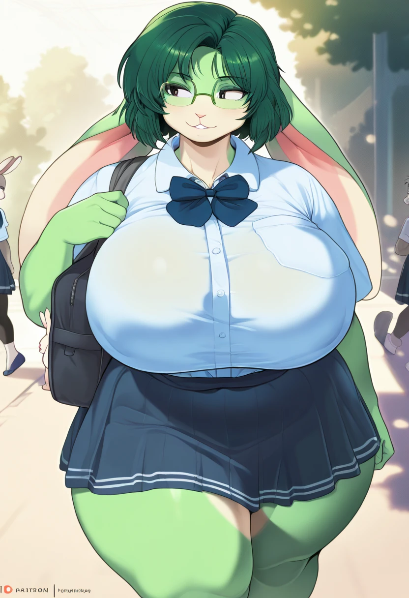 female, braids, big breasts, (big breasts: 1.8), glasses, blue eyes, green hair, (daytime park background), elementary school student, (watched by elementary school boy), (watched by elementary school girl), messy hair, black gloves, white socks, police uniform, black skirt, short sleeves, cowboy shot, salute, hands on hips, thong underwear, string panties, pubic hair sticking out, pubic hair sticking out, nipples erect, nipples erect, eyes closed, tears in eyes, mouth open, saliva residue, wet skirt hem, sticky panties, vibrator cord bulge, vibrator with garters, pussy visible, vaginal opening visible, vagina visible, vulva visible