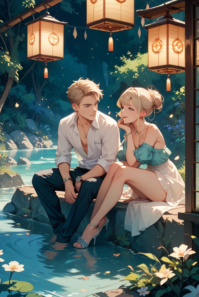 masterpiece, ultra-detailed CG unity 8k wallpaper, best quality illustration, a warm and cozy atmosphere, a summer scene in a seashore,beautiful sunset. The man has black hair and the woman has blond hair, sharing a happy moment together.