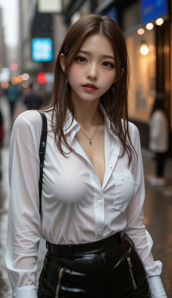 (run a high class brothel、A devilishly beautiful madam who sells useless prostitutes to organ brokers..),NSFW, masterpiece, highest quality, Accurate, UHD, retina, Super detailed, Award history, High resolution, anatomically correct, (realistic:1.4),Raw photo,(Soft saturation:1.3),(Fair skin:1.2),rough skin, 8K,1 girl, alone, mature adult woman, Beautiful Evil, evil and sneaky sexy woman, (perfectly beautiful woman, perfectly beautiful face, Perfectly beautiful eyes, perfectly beautiful nose, perfectly beautiful nose孔, perfectly beautiful lips),(Chestnut hair tied on top of head),(compensate:1.3),(eye reflection:1.3, solid circle eye, ring-shaped eyes, Sparkling pupils:1.2, long eyelashes:0.7, amber eyes),(crystal earrings, necklace), sleepy, parted lips, boredom, (enchanting smile:1.4, cruel smile:1.4), (average_breasts_size, ponytail_hairstyles, glossy_lips:1.5,lip_reflection:1.5), break, (tight_blazer, executive_shirt, tight_shorts, pantyhose:1.5),(standing, at the street, looking at user, wide_shot:1.5)