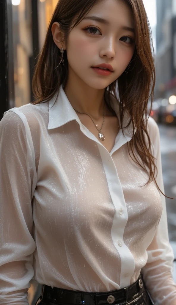 (RAW shooting, photoreal:1.5, 8K, best quality, masterpiece, ultra high resolution), Complete dynamic configuration:1.2, night street corner of modern city, cry with a broken heart:0.7, (((typhoon heavy rain))), Highly detailed skin and face textures:1.2, slim office lady wet in the rain:1.3, fair skin:1.2, sexy beauty:1.1, perfect style:1.2, beautiful and aesthetic:1.1, very beautiful face:1.2, water droplets on skin, (Rain pours all over my body:1.2, wet body:1.2, wet hair:1.3, wet tight skirt:1.2, wet office lady uniform:1.3), belt, (medium chest, bra see through, chest gap), (expression of sadness, Facial expression when feeling intense caress, Facial expression when feeling joy), (beautiful blue eyes, Eyes that feel beautiful Eros:0.8), (so erotic:0.9, Bewitching:0.9), cowboy shot, shoulder bag, necklace, earring, bracelet, clock