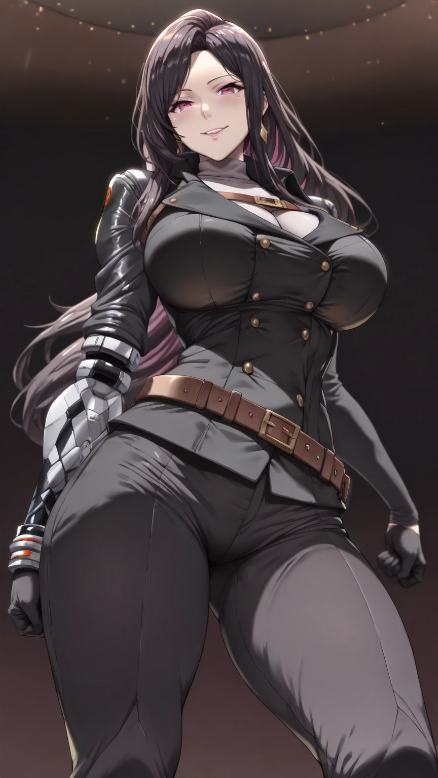noi_dorohedoro, noi, muscular girl, huge chest, tall woman, priestess, martial art, modest, fully clothed, bent,, pants, cloak, priestess, holy, smile, coat, medieval, unmasked, nun, cloak,, black body suit