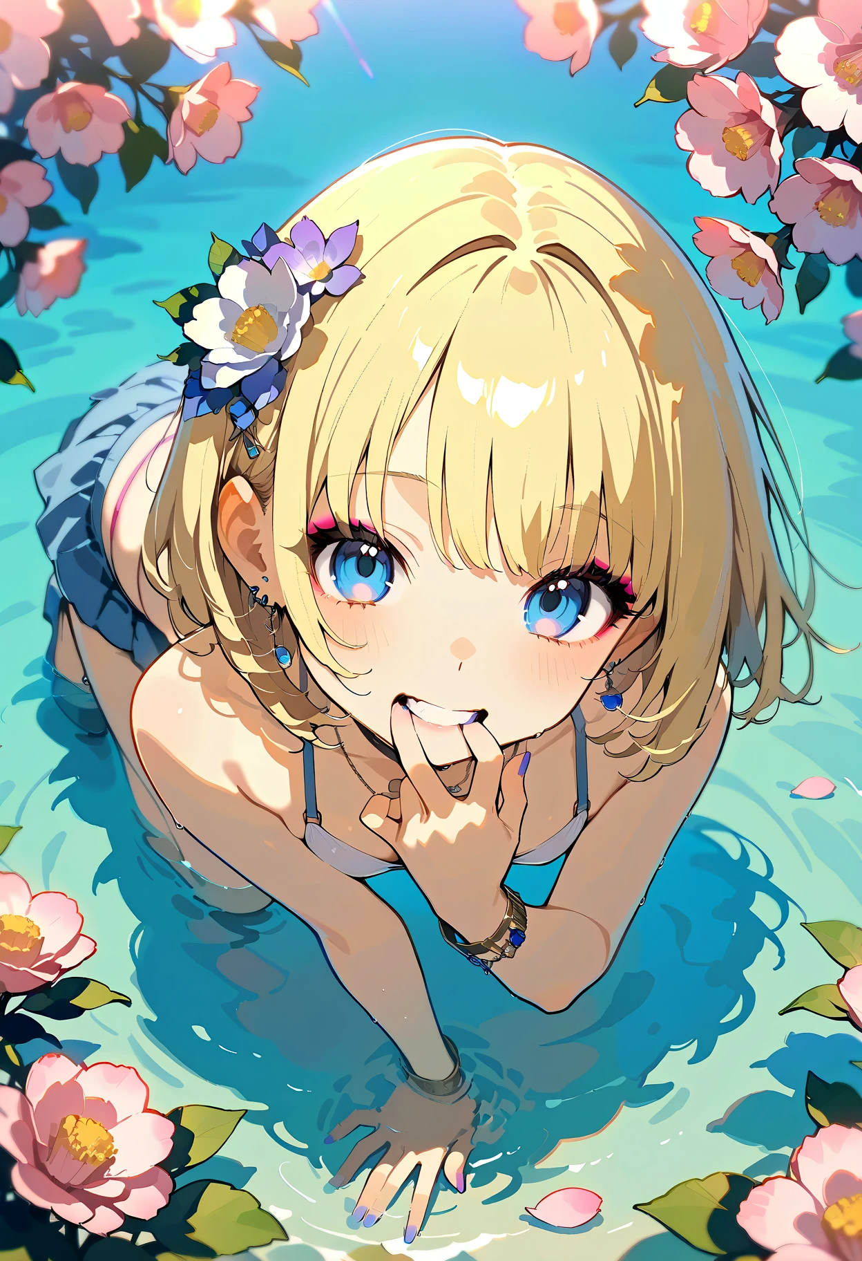 One 15-year-old girl, ((Sexy Bikini))、(Blonde hair colour,Bright blue inner color hairstyle), Beautiful Hair, Facial Contour, Remember, Ocean, sunlight、splash, Lens flare,, Natural Color, High resolution, Very delicate, Very detailed, 8k,(There is swelling of the breasts、About B cup)、Shyness,((Sexual)),((Sexy feeling))、Sitting、Top view angle