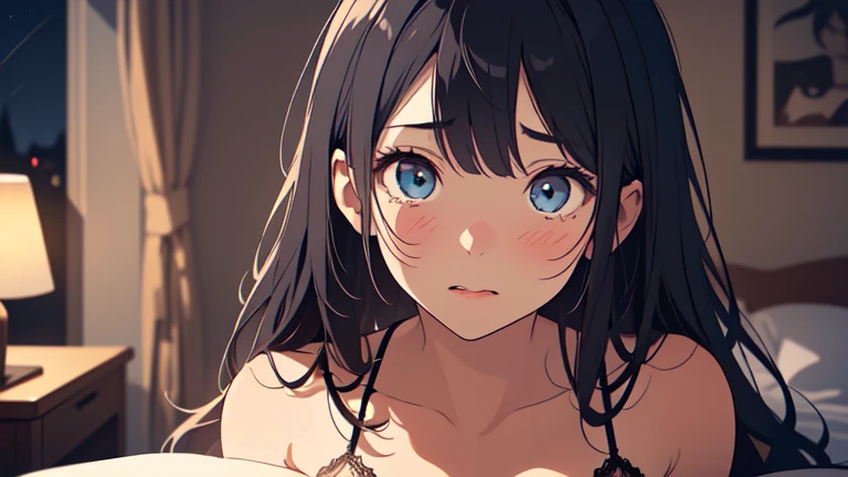 crazy, Backlight, looking at the viewer, brown hair, blue eyes, blush, smile, shining eyes, evil smile, (face with shadow:1.2),Only his face is peeking out from the side through the front door..anxious look、Sweater with holes showing cleavage、bare shoulders、big breasts、The front door is open、 from mouth、sweating、Hiding the chest with hands